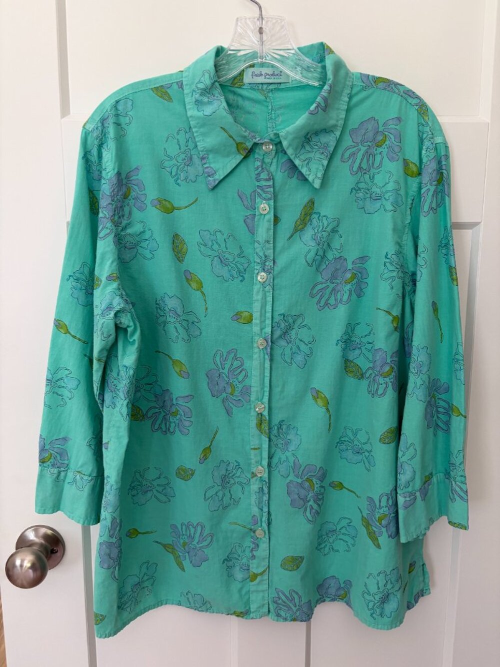 Fresh Produce XL 100% Cotton Floral Button Shirt Made USA Turquoise Whimsy Boho